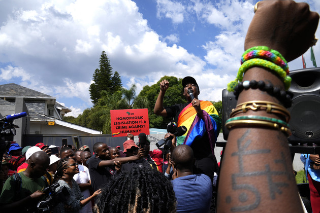 The Economic Freedom Fighters leader Julius Malema speaks during their picket against Uganda's anti-homosexuality bill at the Ugandan High Commission in Pretoria, South Africa on April 4, 2023. | Themba Hadebe/AP Photo